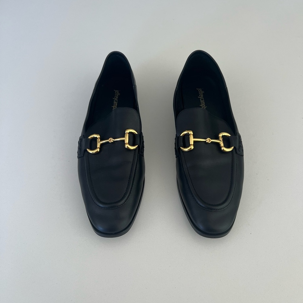 Jeffrey Campbell Black Leather Velviteen Loafer with Gold Accent, Size 8.5